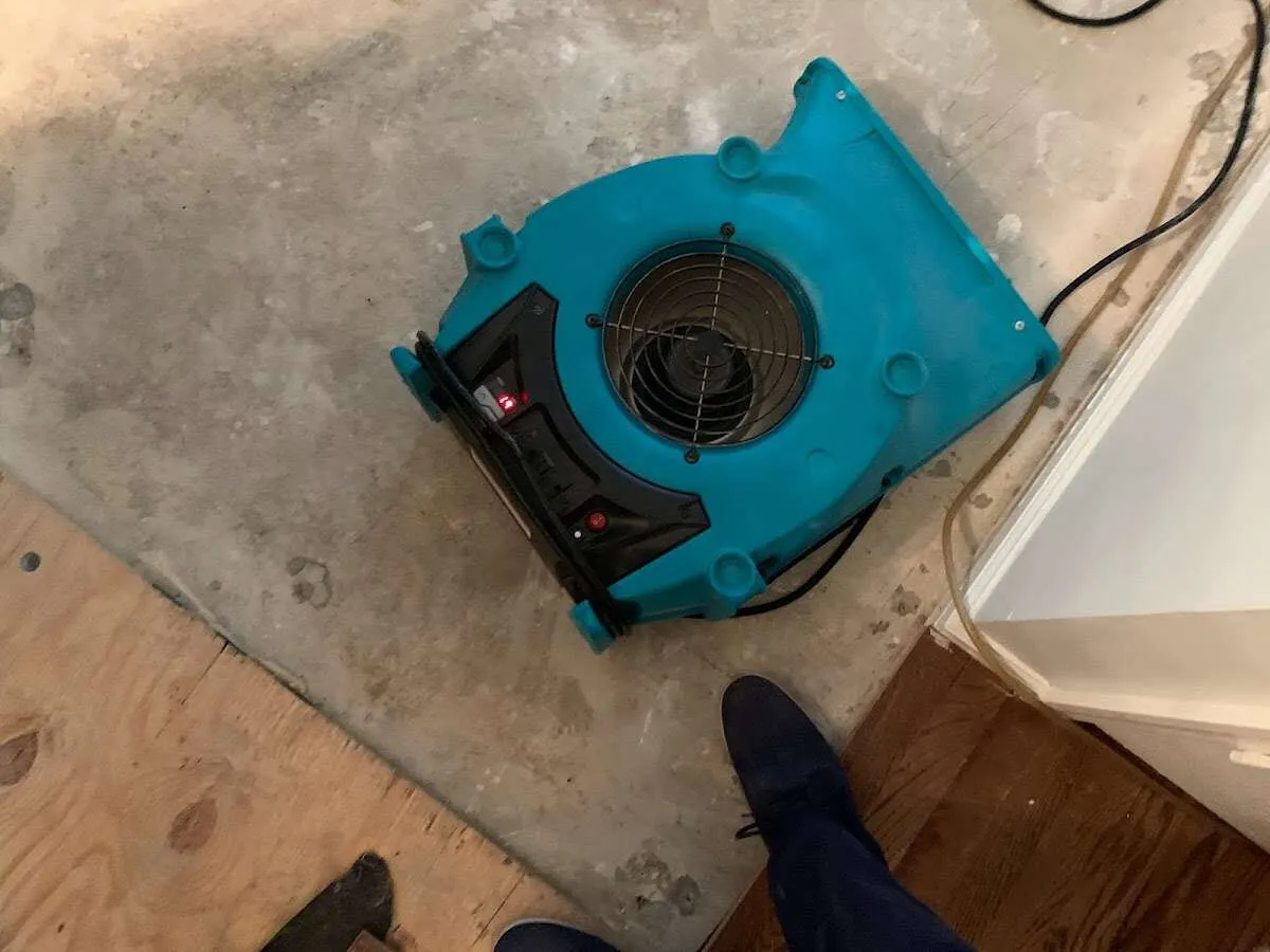 Air mover drying subfloor during Leak Detection & Repair in Atlantic